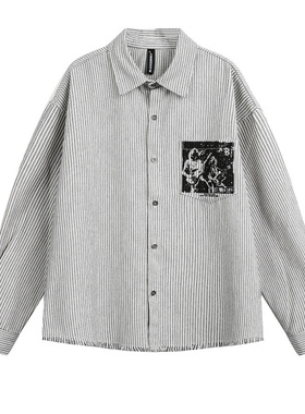 ENDLESS DESIRE个性涂鸦印花宽松竖条衬衫下摆磨破长袖条纹衬衣