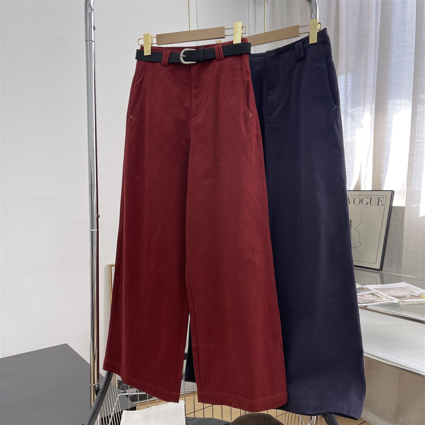 配腰带春季新款高腰宽松显瘦纯色简约百搭直筒阔腿裤K#16