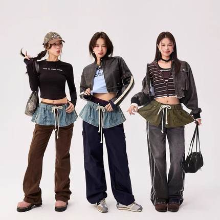 美式设计感牛仔屁帘两件套休闲裤女新款松紧高腰阔腿裤L#7