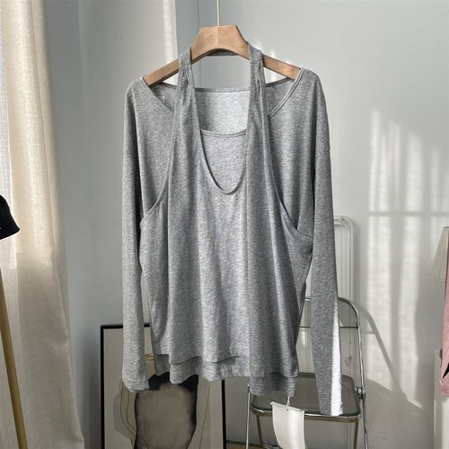 2025秋冬时髦时尚挂脖假两件V领针织女系带长袖上衣K#16