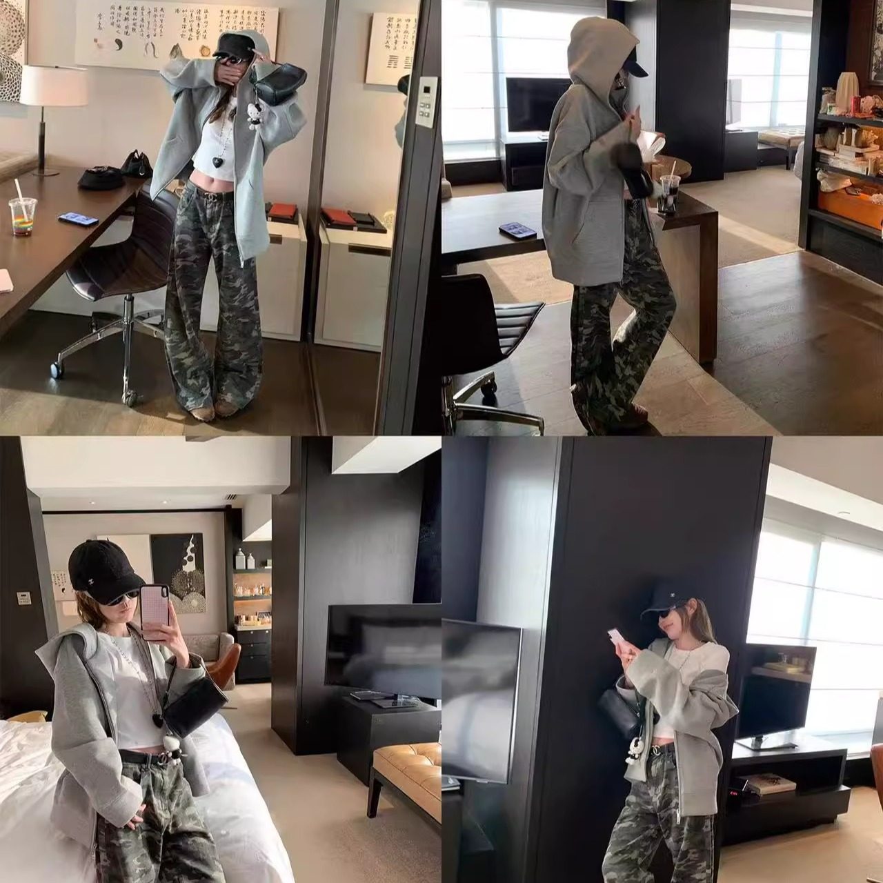 复古迷彩工装牛仔裤女新款高腰显瘦百搭宽松直筒裤子K#30