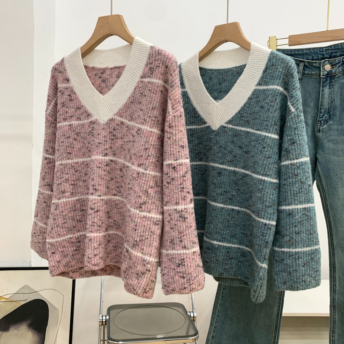 时尚慵懒风甜美气质百搭长袖上衣女秋新款宽松V领毛衣K#2