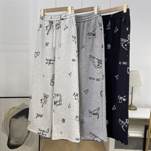 女K 加绒加厚抽绳长裤 印花松紧高腰束脚休闲裤 霞