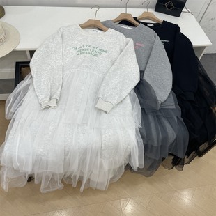 韩国秋冬季 减龄气质印花设计感拼接网纱蛋糕连衣裙L