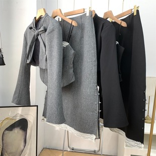 纯色吊带上衣搭宽松外套配蕾丝边半身裙J 三件套秋季 新款