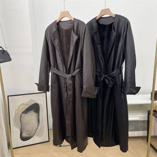 皮衣外套女K 法式 高级感外翻领绑带收腰百搭单排扣长款