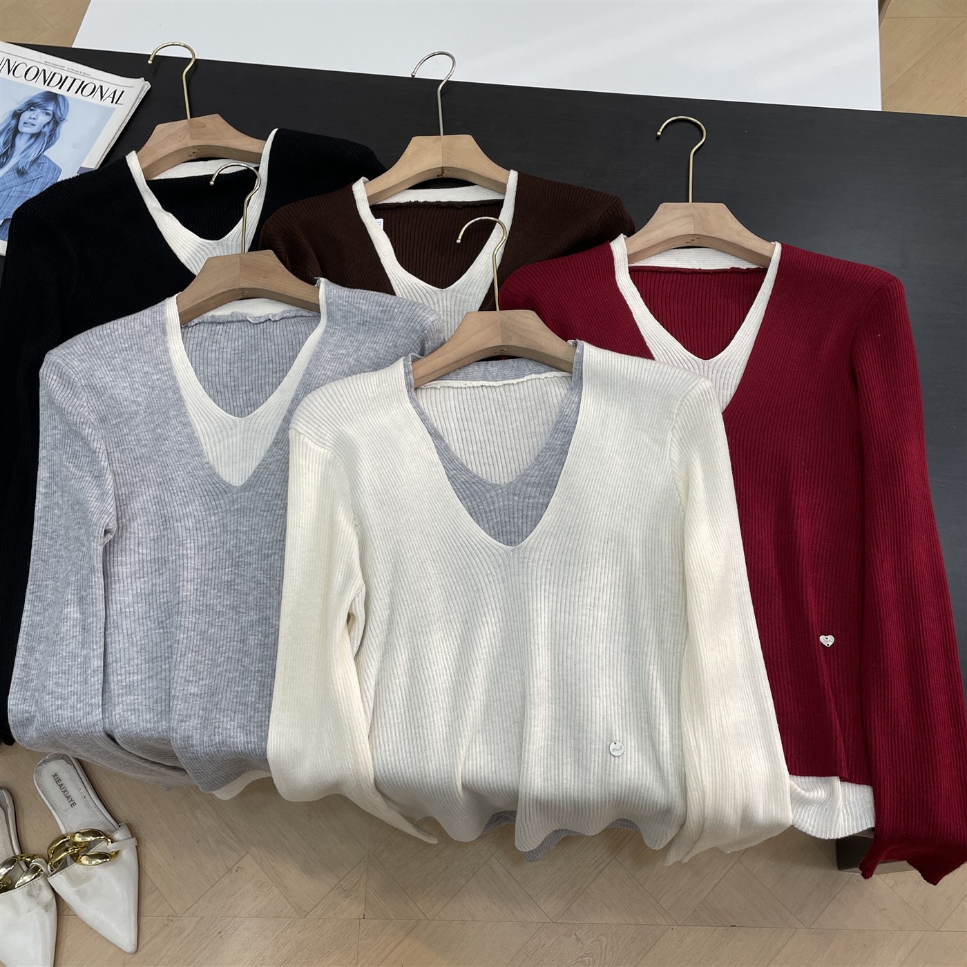 【新】6羊毛V领毛针织衫上衣女长袖打底外穿纯色上衣休闲