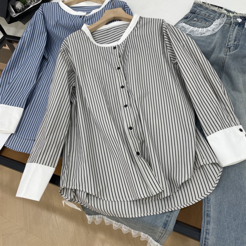 衬衫2025夏季新款单排扣圆领宽松长袖上衣女小众设计F#15