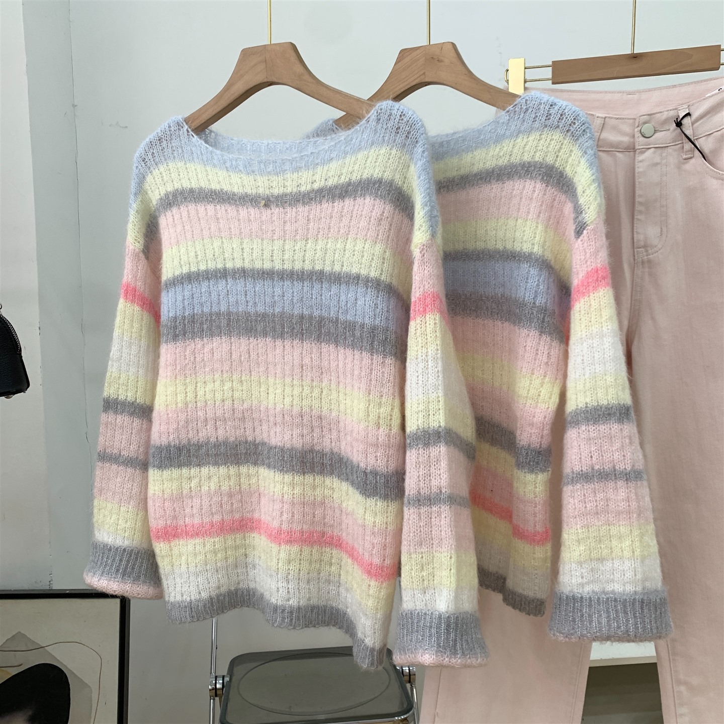 针织衫2025秋新款拼色宽松套头长袖休闲小众设计上衣J#5