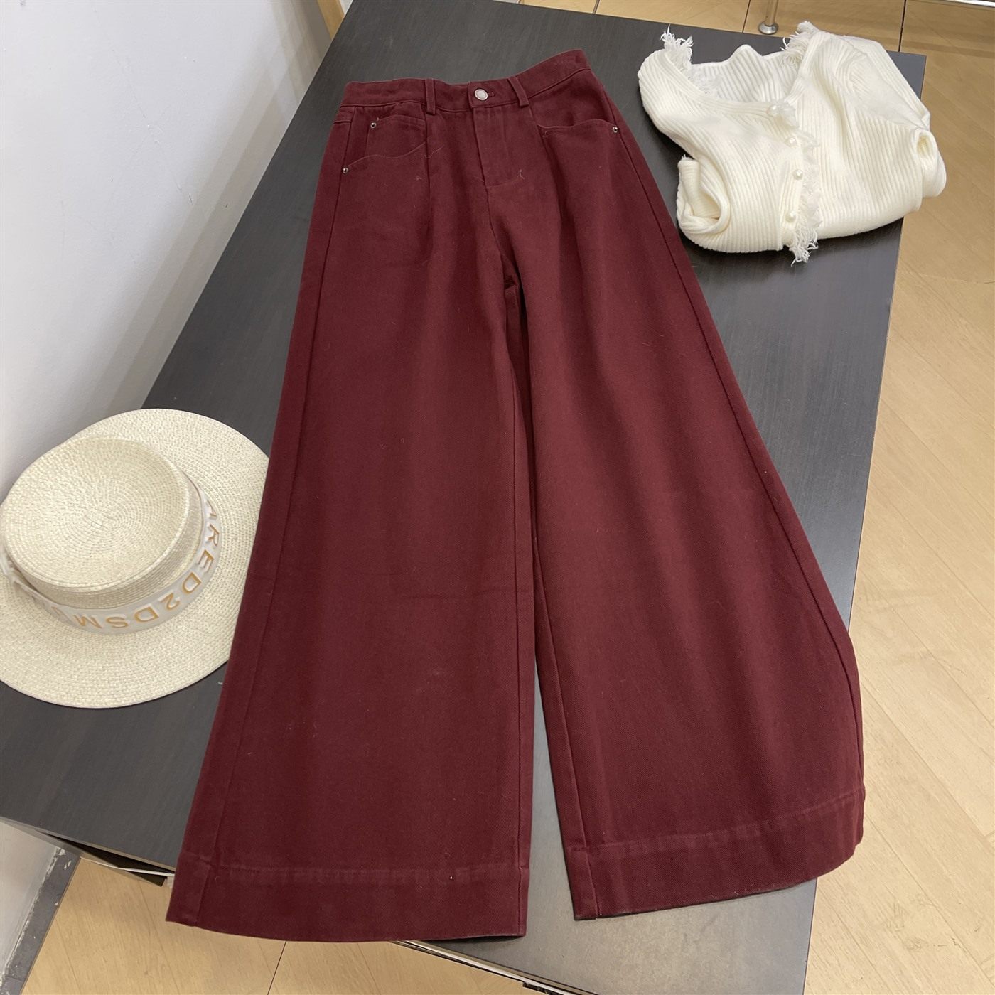 抓绒牛仔裤冬季新款时尚百搭高腰显瘦阔腿长裤女K#16