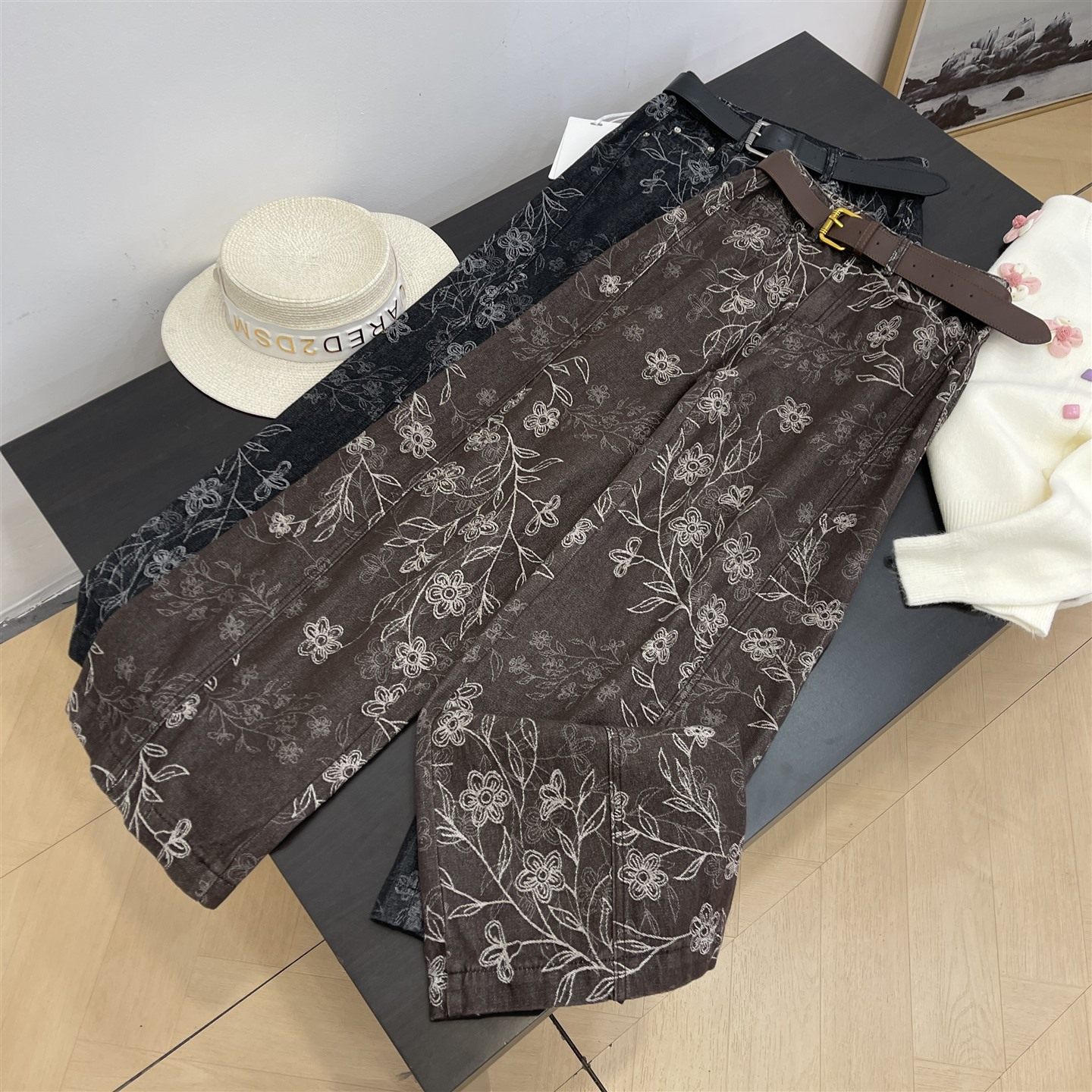 印花高腰遮胯显瘦牛仔裤女2025新款韩版百搭外穿阔腿裤K#30