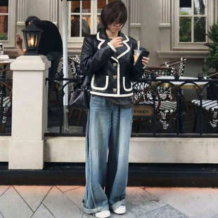 领系扣宽松直筒小香风夹克上衣J 撞色拼接PU皮外套女韩式 西装