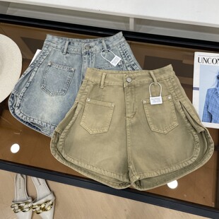 夏新高腰显瘦百搭热裤 复古辣妹阔腿牛仔短裤 美式