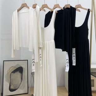 纯色披肩外套两件套装 高级感 纯色吊带连衣裙女秋新款