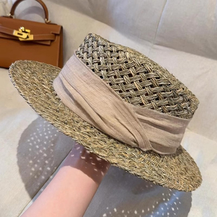 老钱风手工钩织咸水草亚麻缎带草帽大头围法式平顶礼帽轻奢高级感