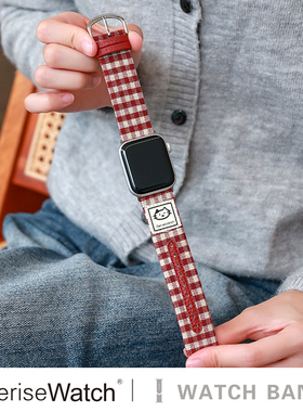 【原创笑脸猫】iserisewatch适用苹果手表s11代表带iWatch10女款Applewatch9夏新款格纹SE可爱小猫Ultra红色