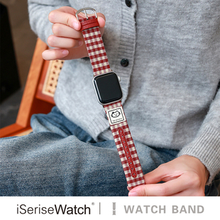 Applewatch9夏新款 iserisewatch适用苹果手表s11代表带iWatch10女款 格纹SE可爱小猫Ultra红色 原创笑脸猫
