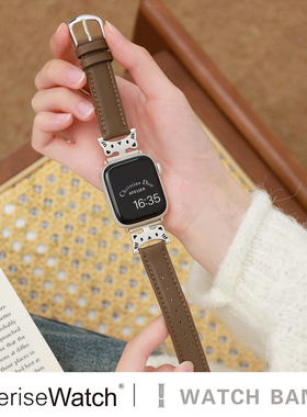 iserisewatch适用applewatchs11表带苹果手表10代s8iwatch可爱动物猫咪皮质金属小众撞色41mm夏天女创意高级