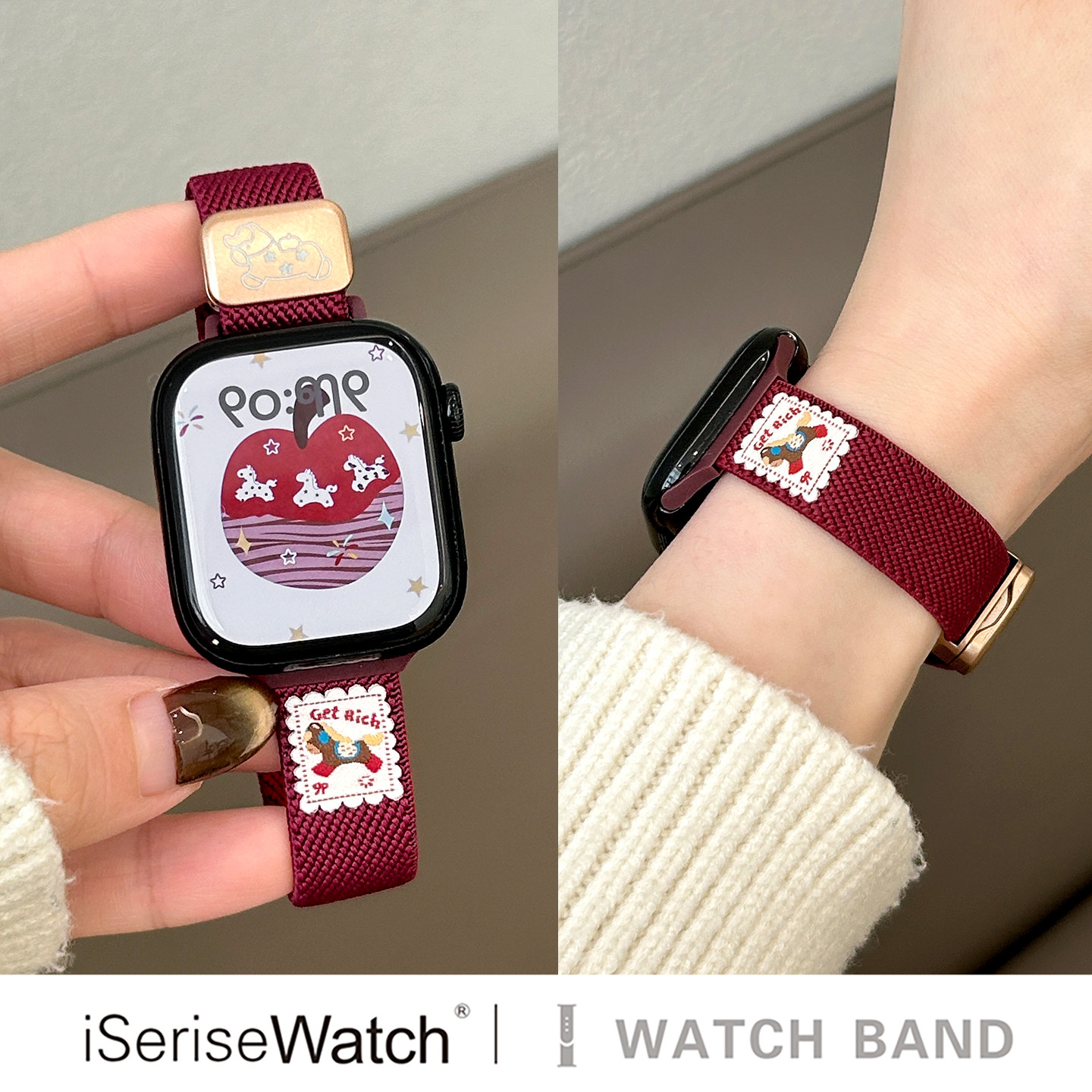 iserisewatch适用iWatchs11代表带S12苹果手表s10尼龙透气弹力applewatch9夏新款SE小马41mm可爱Ultra磁吸女