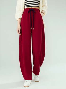 高腰抽绳阔腿裤女宽松显瘦垂感休闲裤牦牛绒毛呢保暖红色香蕉裤