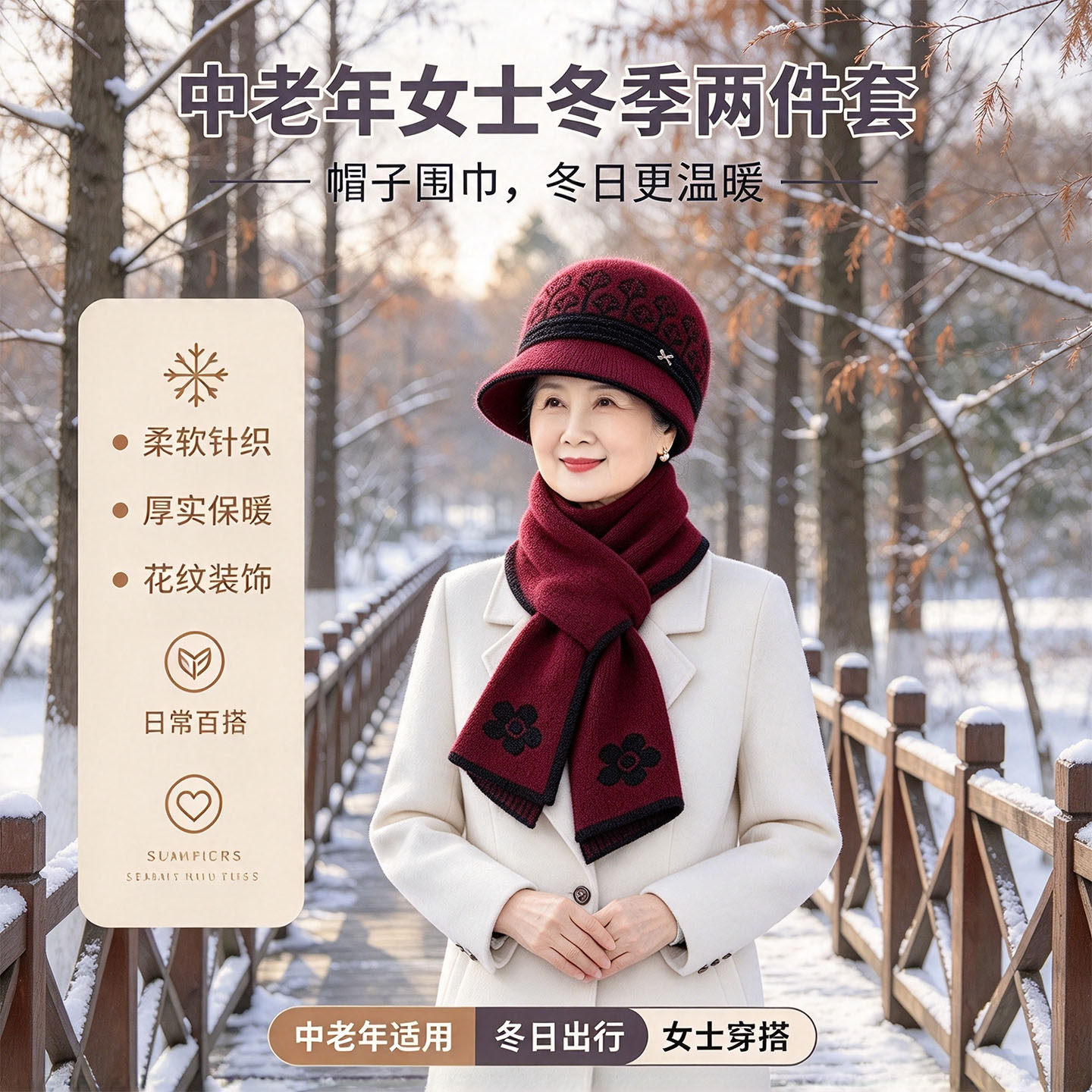 中老年妈妈帽子围巾两件套秋冬提花短檐针织帽护脸防寒毛线帽套装