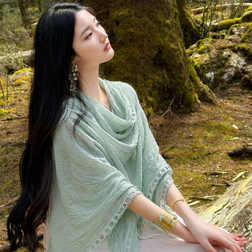 新款百搭棉麻薄款纯色防晒披肩女