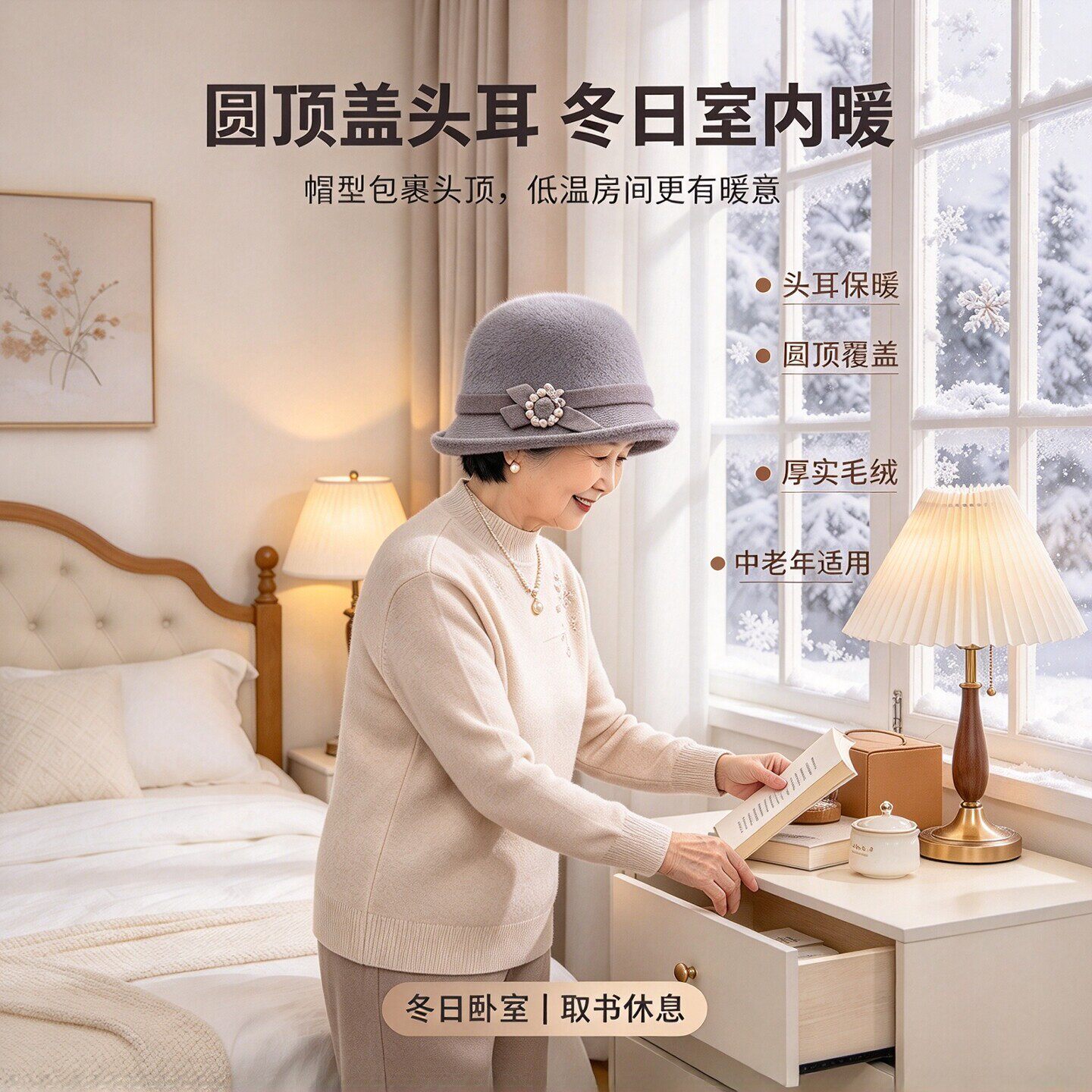 新款中老年奶奶圆顶护耳保暖帽居家室内防寒帽女优雅毛绒盆帽秋冬