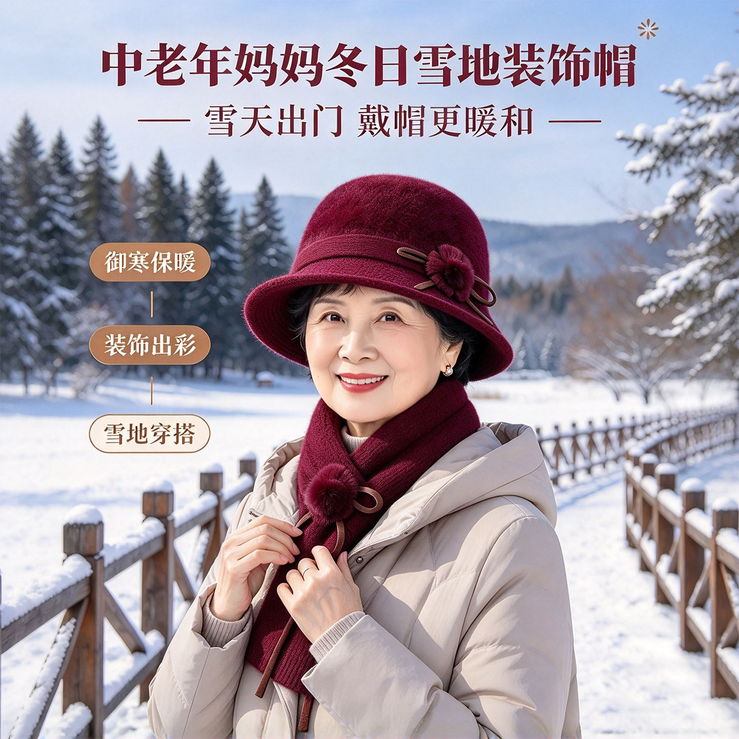 中老年妈妈圆顶保暖盆帽针织帽檐花朵毛球礼帽秋冬防寒长辈送礼帽