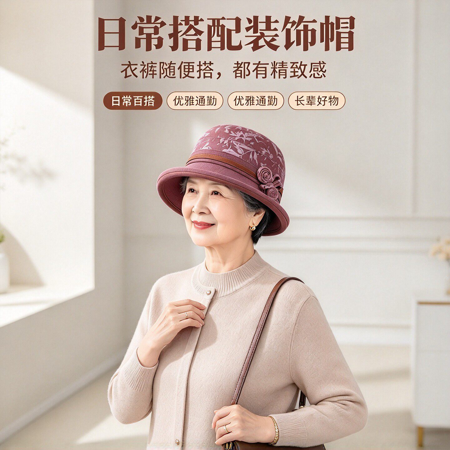 中老年女士休闲装饰帽 奶奶春秋优雅礼帽 妈妈日常出门百搭造型帽