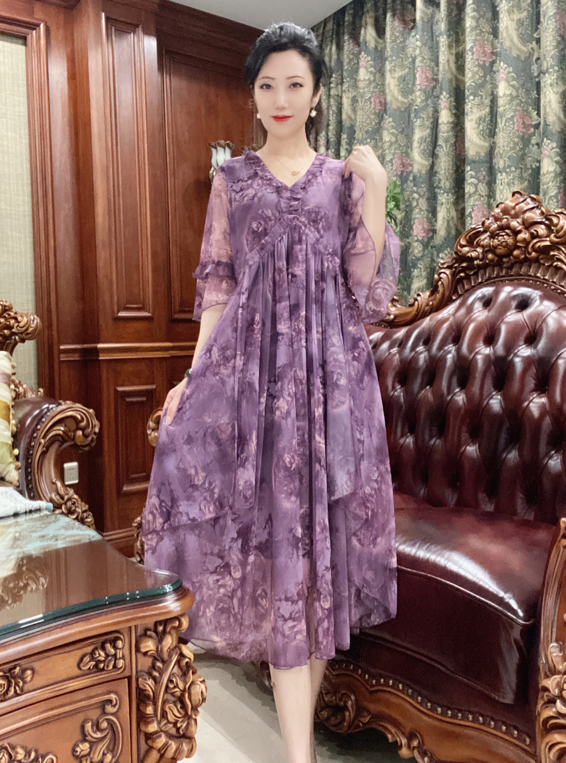 2023台湾纱碎花连衣裙夏季高端气质中长款过膝仙女裙宽松显瘦爆款