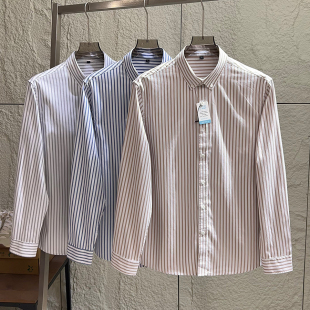 春季 男士 时尚 万年经典 衬衫 棉混纺 百搭竖条纹长袖 衬衣 莱赛尔