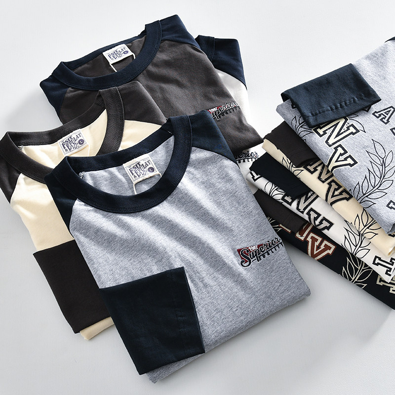 纯棉水洗撞色圆领印花长袖T恤