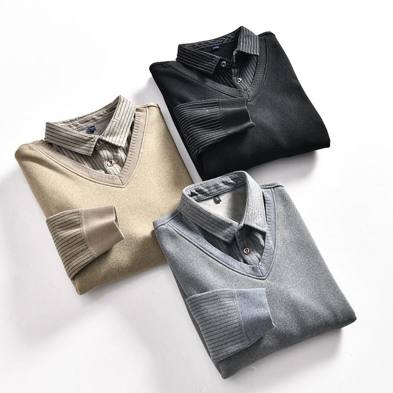 男士假两件加绒保暖针织毛衣