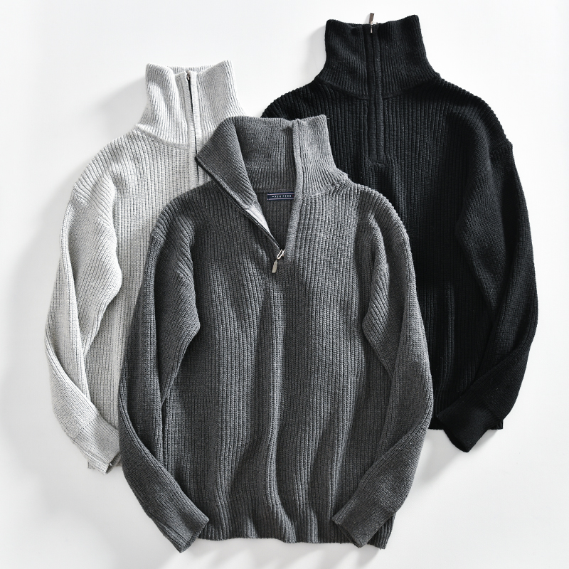 设计师线半拉链可翻领针织毛衣