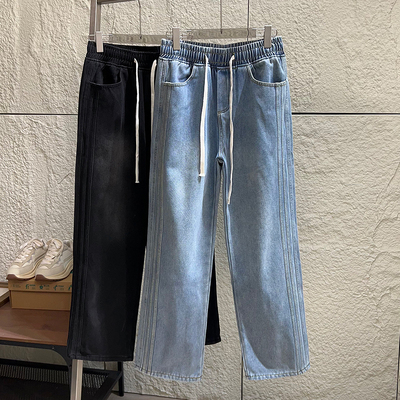百搭松紧腰宽松直筒休闲牛仔裤