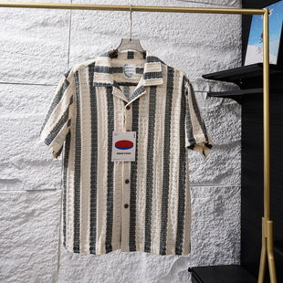 夏威夷度假风！钩编条纹提花！夏季情侣宽松古巴领镂空短袖衬衫潮