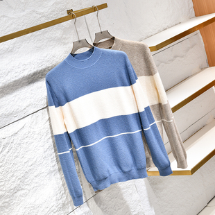 蓬松柔软加厚 宽松圆领毛衣 外贸原单尾货秋冬男半高领条纹打底衫