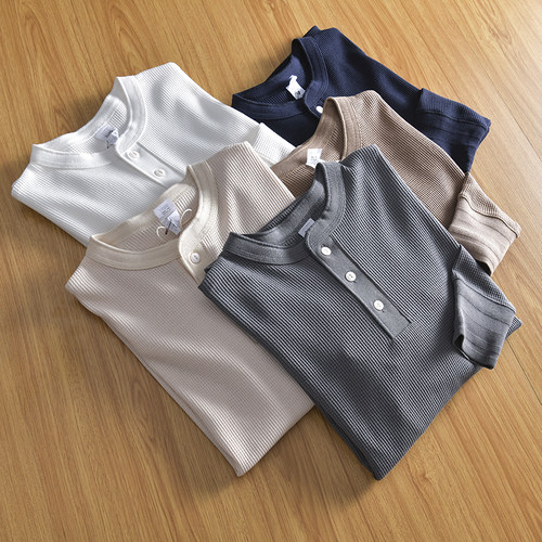 定织华夫格亨利领长袖T恤