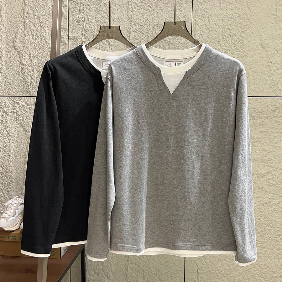 100长绒棉假两件纯色长袖T恤打底
