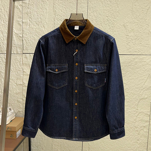 男士 秋季 时尚 复古百搭巴恩风长袖 外套 重磅美式 牛仔衬衫 撞色翻领