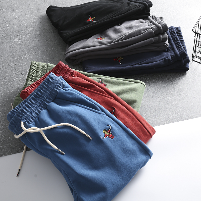 精工牛头刺绣！磨毛针织棉！外贸男装秋冬时尚加绒加厚束脚卫裤潮