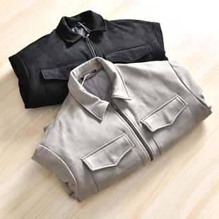 西班牙单！细腻麂皮绒外贸男装尾货秋冬休闲翻领夹棉夹克棉衣外套