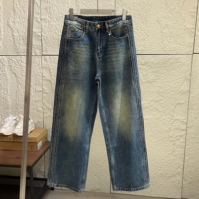 复古阿美咔叽舒适棉弹直筒牛仔裤