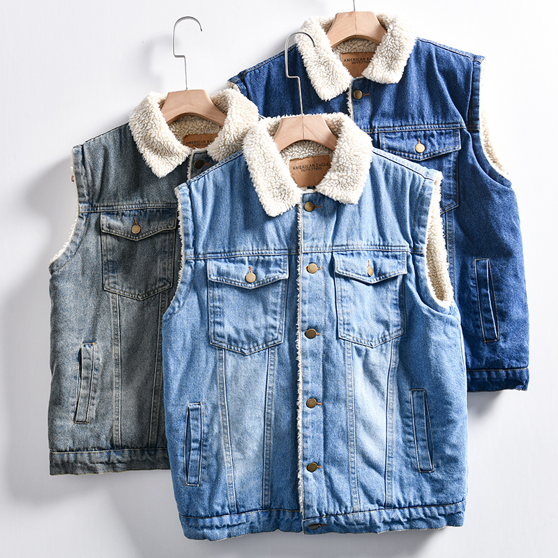 男士冬季羊羔绒保暖牛仔马甲