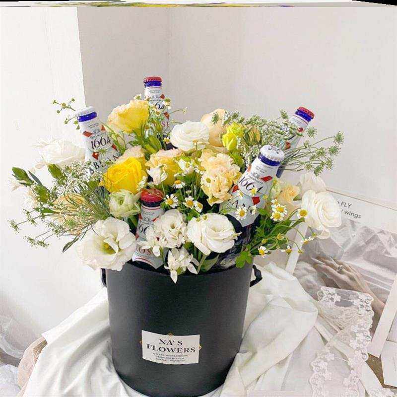 圆形轻奢抱抱桶瓶安啤酒花束礼盒花盒手提diy生日情人父亲节礼物