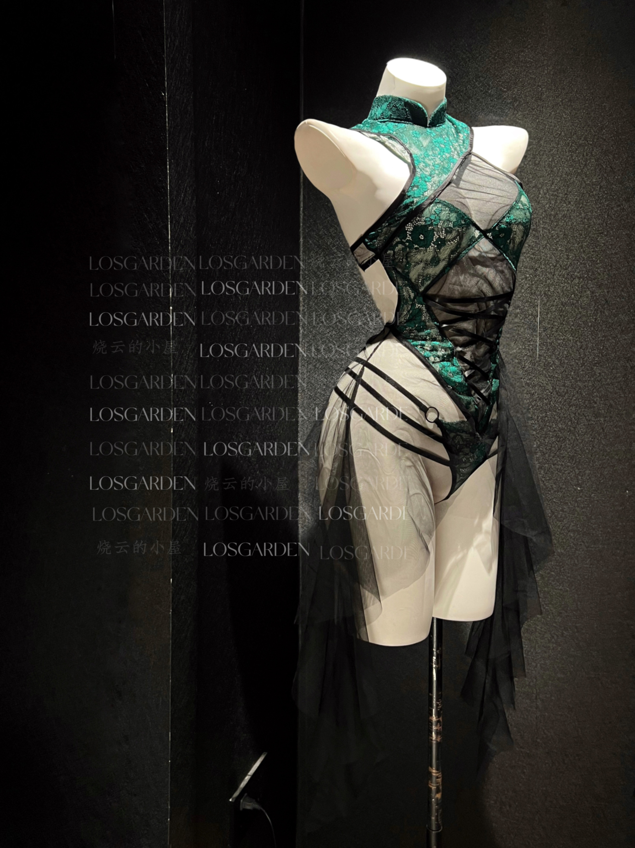 烧云「青蛇」原创*绝绝子女人味*墨绿色透视显瘦性感旗袍中长裙女