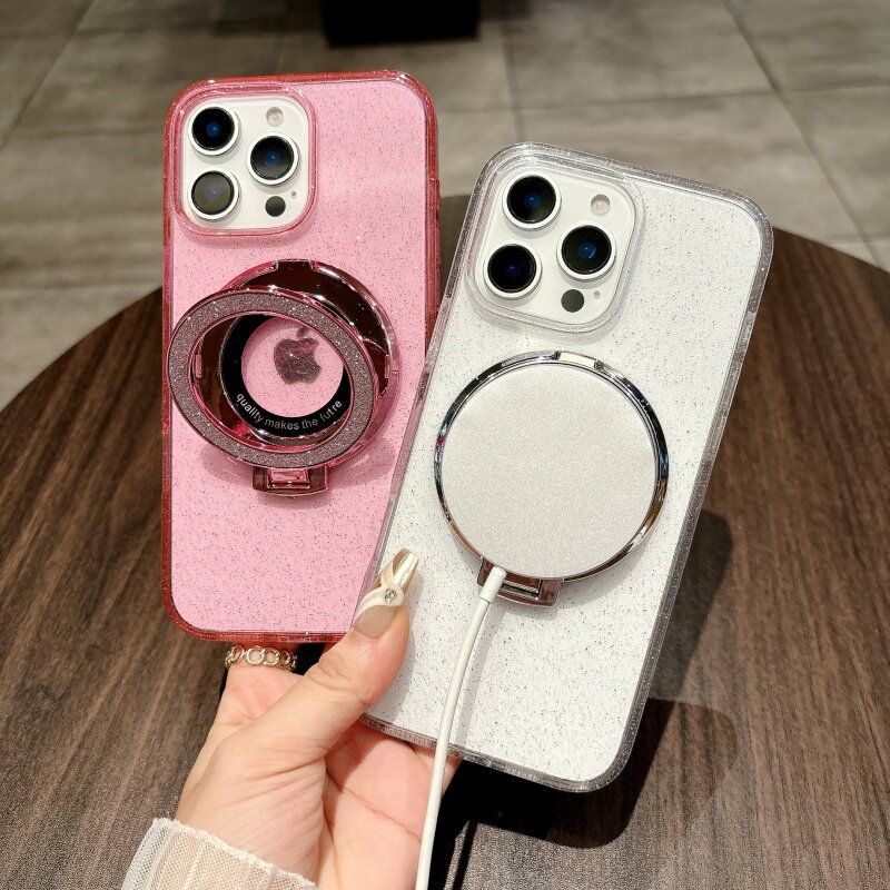 闪粉引磁支架适用苹果17promax手机壳iPhone16超薄透明14pro高级感plus大孔13pro小众12女生粉色套11全包防摔