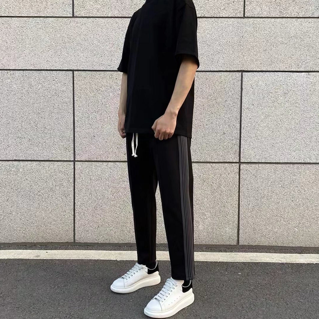 侧边黑灰织带条纹直筒卫裤男休闲百搭九分裤子ins高街运动阔腿裤高性价比高么？