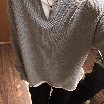 假两件V领卫衣男简约纯色打底衫