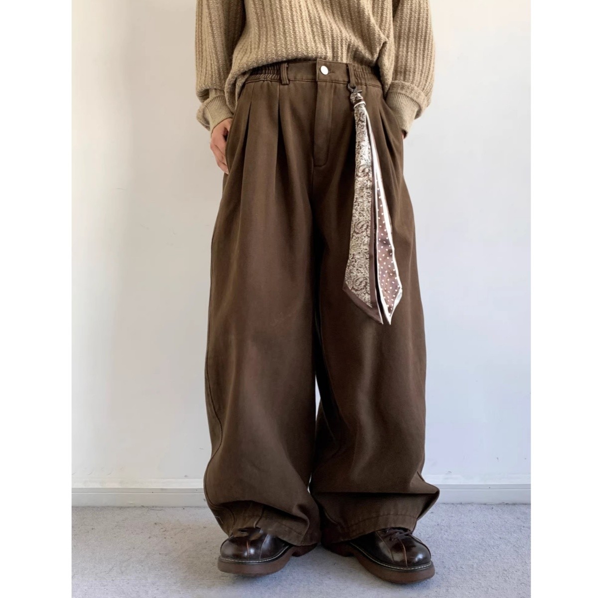 复古日系棕色工装阔腿裤男女百搭可拆卸方巾长裤宽松廓形松弛裤子,男装,休闲裤,淘宝优惠券,粉丝福利购,淘宝优惠卷